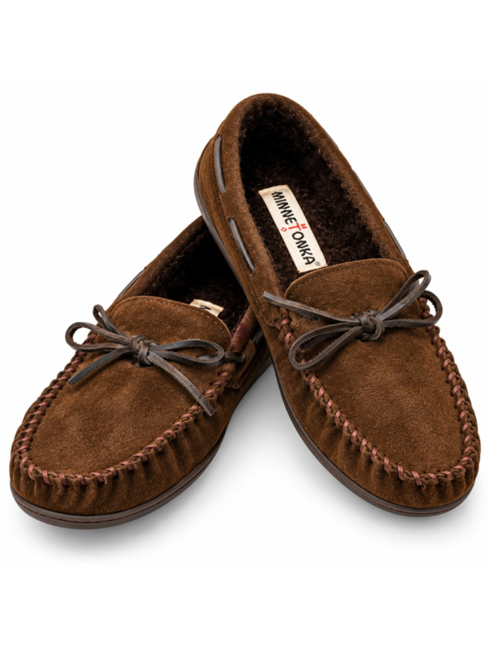 Minnetonka 41322 Men’s 11 M Dark Brown Suede Faux Fur Lined Moccasin Slippers